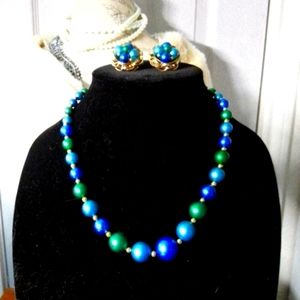 Blu and Green Beaded necklace with clip on earrings